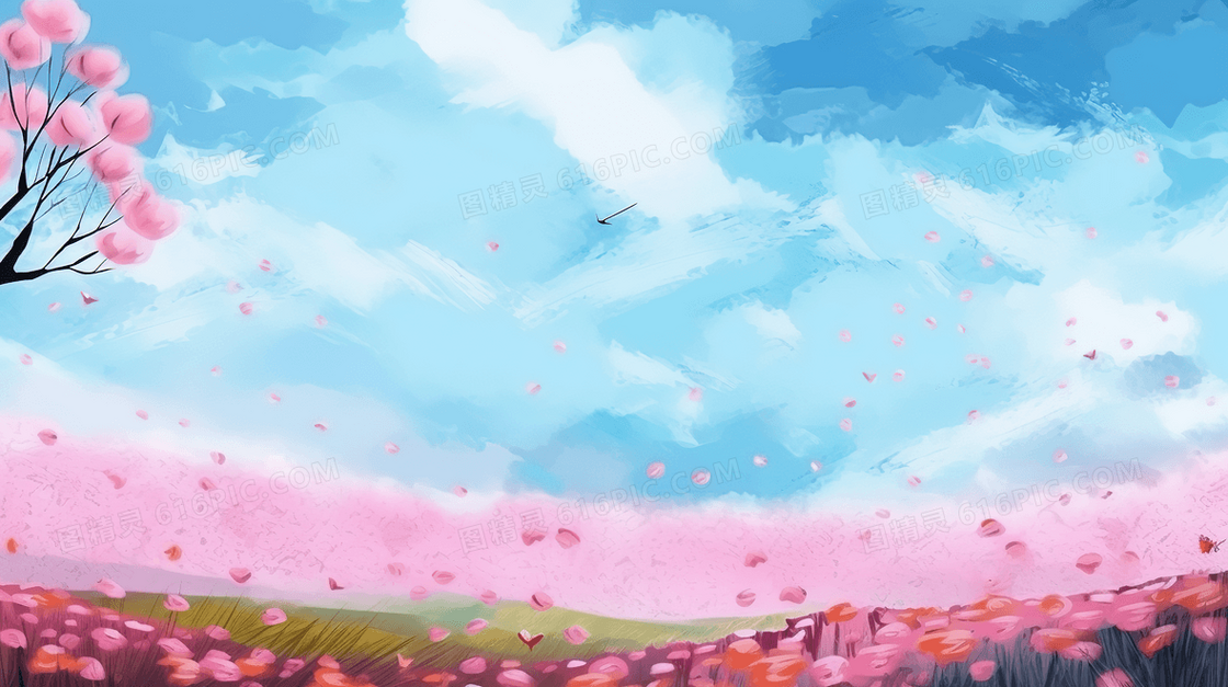 唯美蓝天白云下的彩色花海风景插画