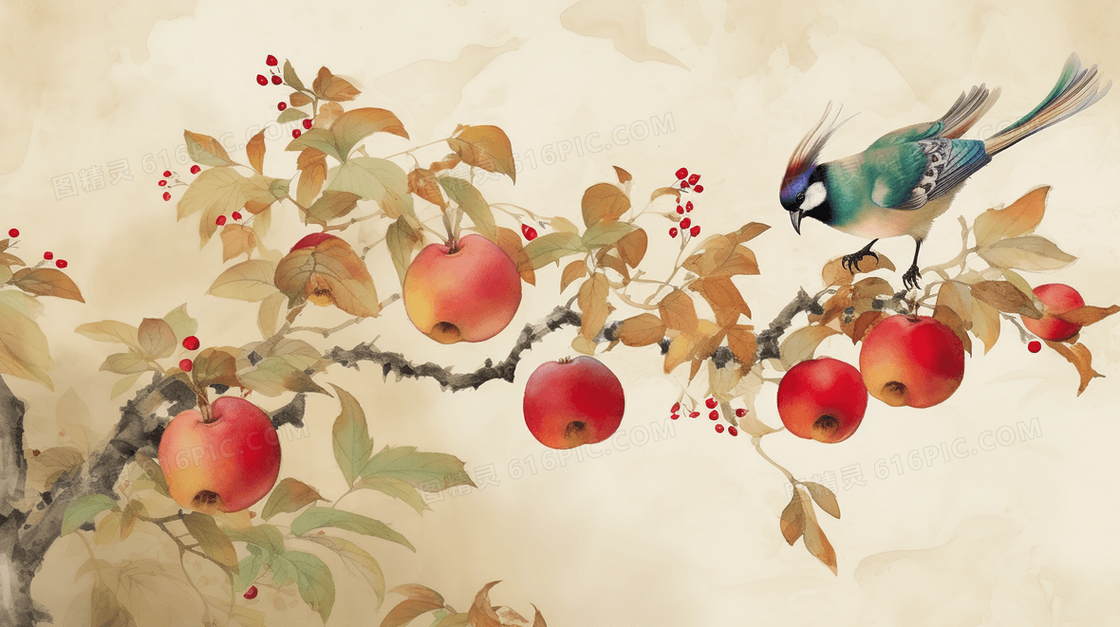 中国风唯美苹果树上的小鸟水彩插画