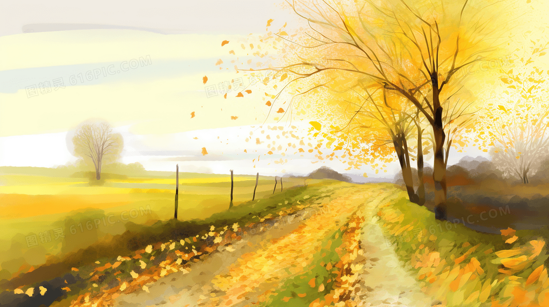 金色秋天唯美铺满小路的树叶风景插画