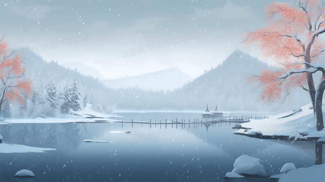 唯美冬日红色树叶雪景插画