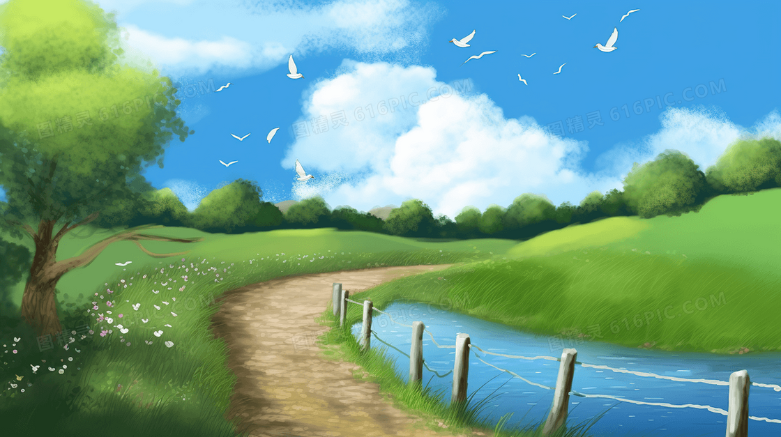 卡通唯美池塘草地风景插画