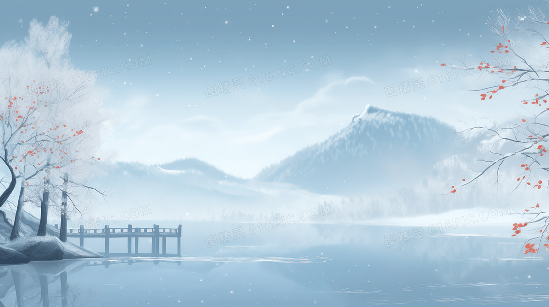 唯美冬日红色树叶雪景插画
