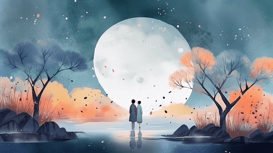 唯美月亮下的两个人赏月插画