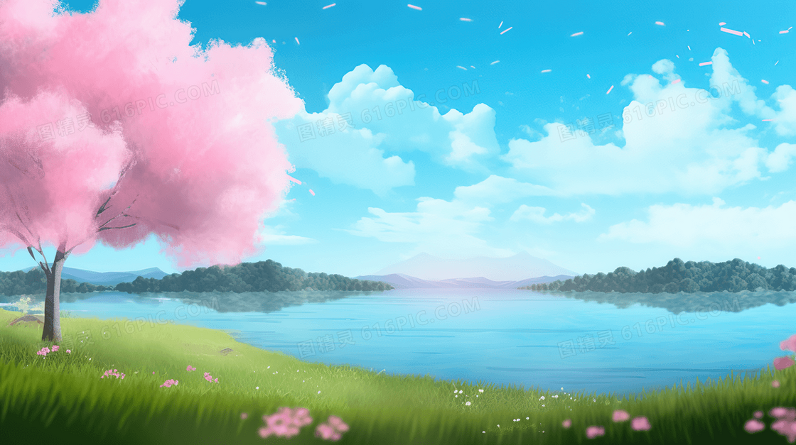 蓝天白云湖边唯美的粉色樱花创意插画