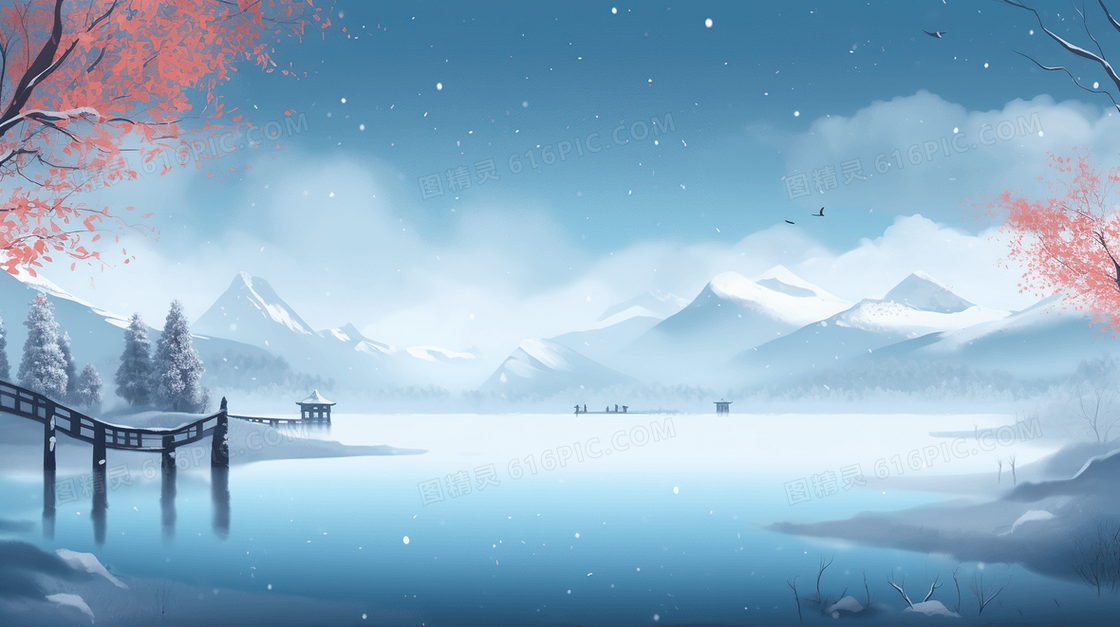 唯美冬日红色树叶雪景插画