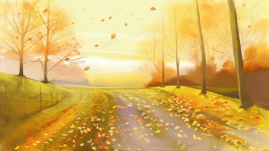 金色秋天唯美铺满小路的树叶风景插画