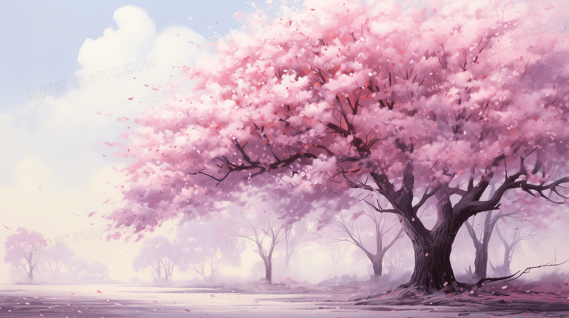 唯美浪漫粉色樱花树创意插画