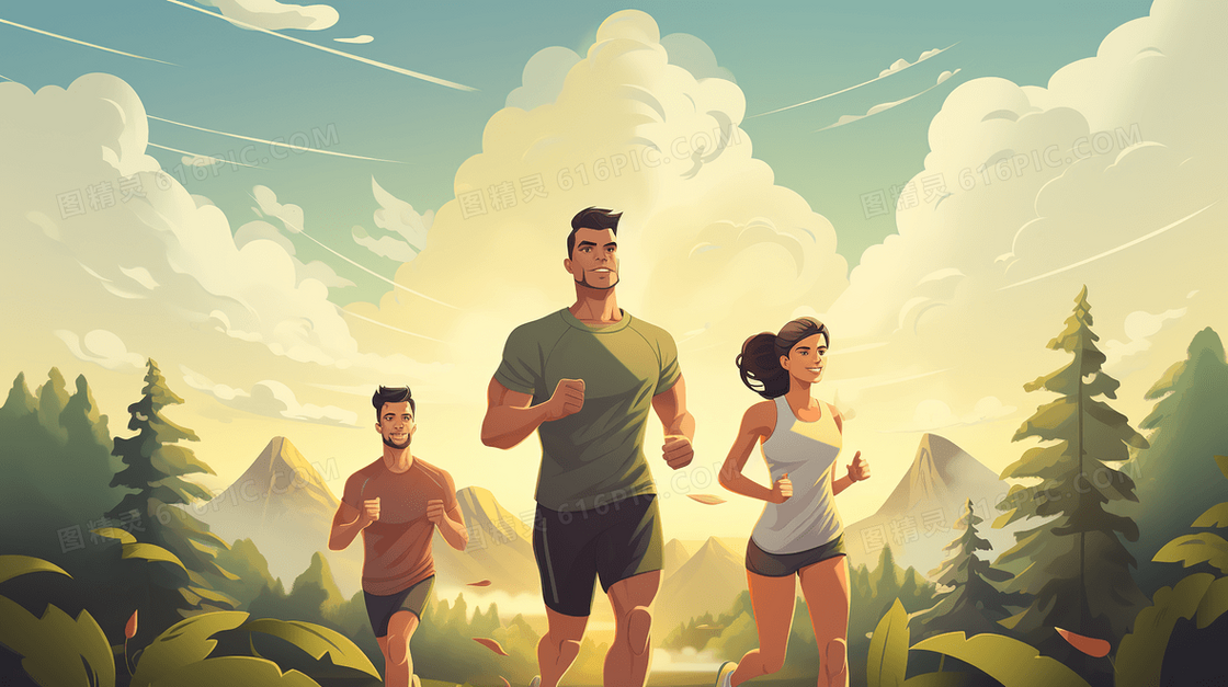3个人在晨跑运动健身创意插画