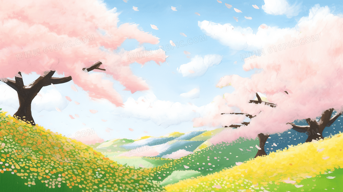 唯美清新春天漫山遍野的桃花林创意插画