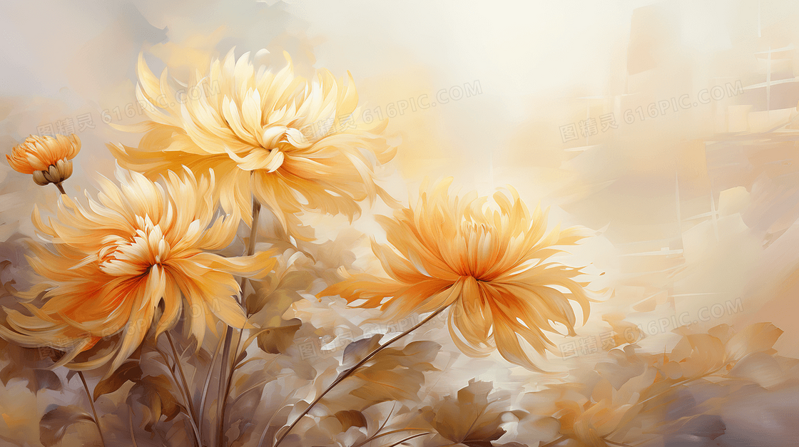 秋日盛开的唯美金色菊花特写插画