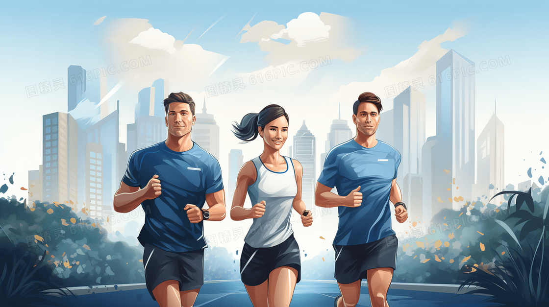 3个人在晨跑运动健身创意插画