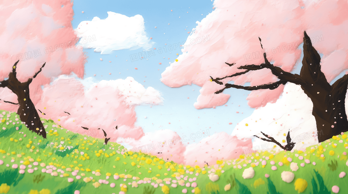 唯美清新春天漫山遍野的桃花林创意插画