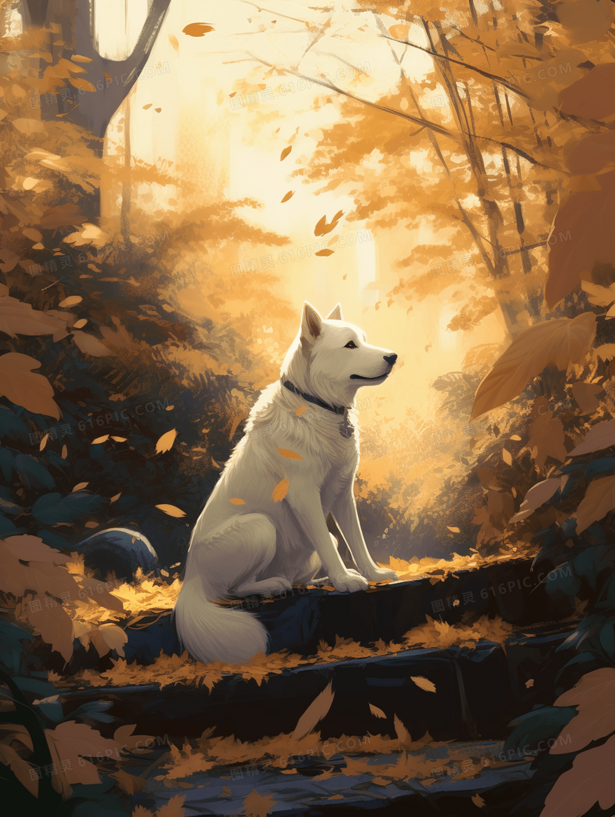 金色树叶下的白色狗狗秋分节气卡通插画
