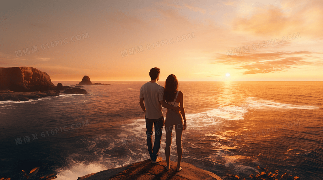 七夕情人节浪漫唯美海边情侣人物插画