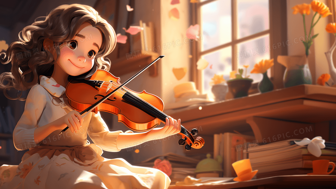 可爱的小女孩练习拉小提琴创意插画