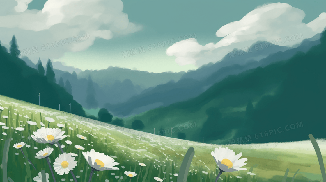 唯美漫山遍野的白色花瓣风景插画