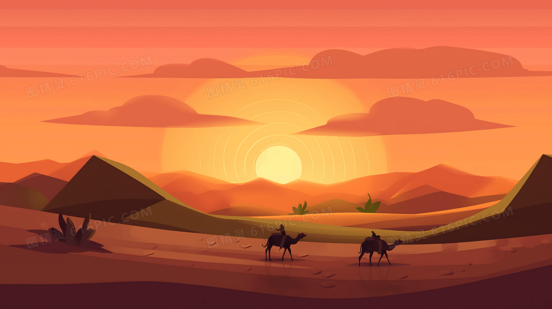 烈日下走在沙漠中的骆驼风景插画