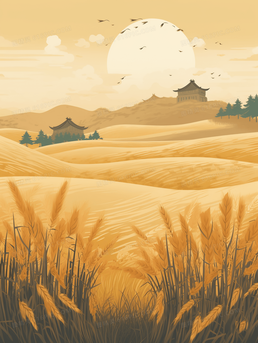 金色小麦丰收的季节芒种节气插画