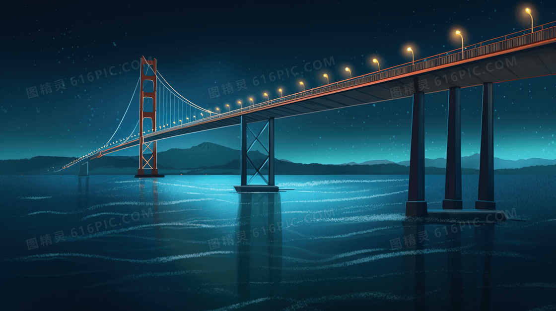 傍晚下的唯美跨海大桥风景插画