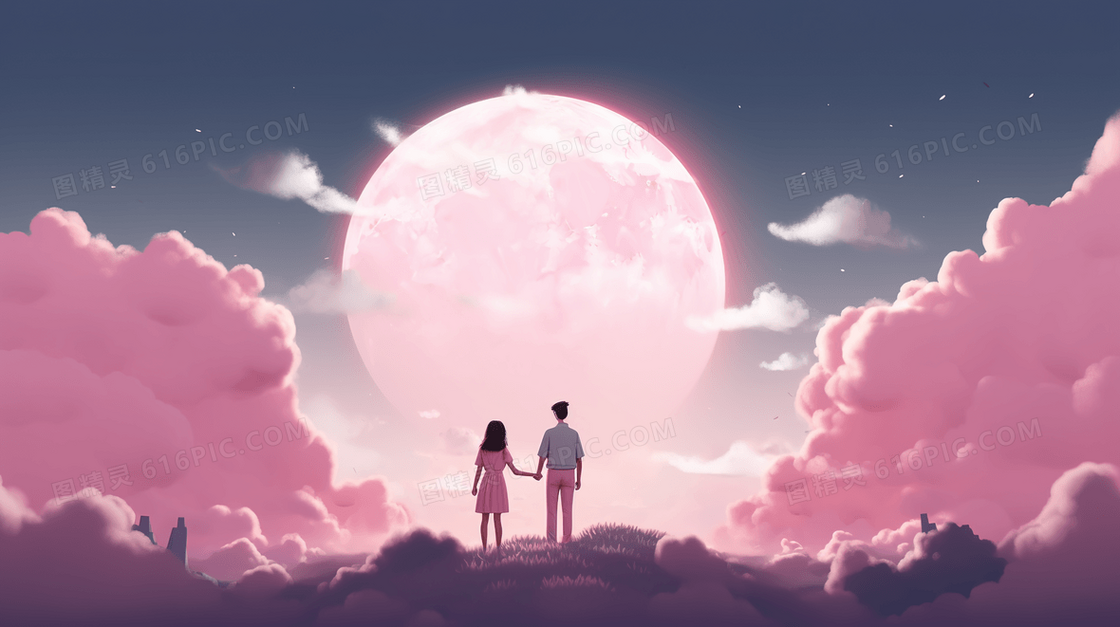 浪漫唯美粉色月亮下的情侣情人节插画