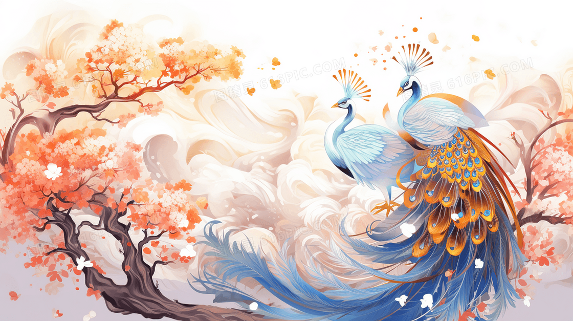 彩色唯美浪漫枝头凤凰卡通插画