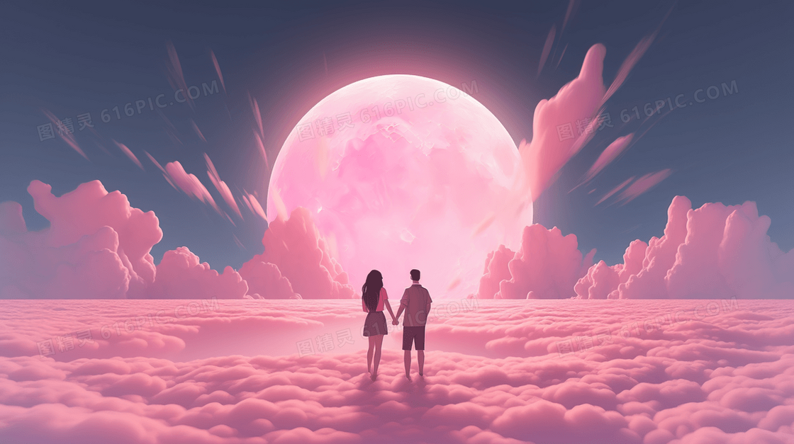 浪漫唯美粉色月亮下的情侣情人节插画