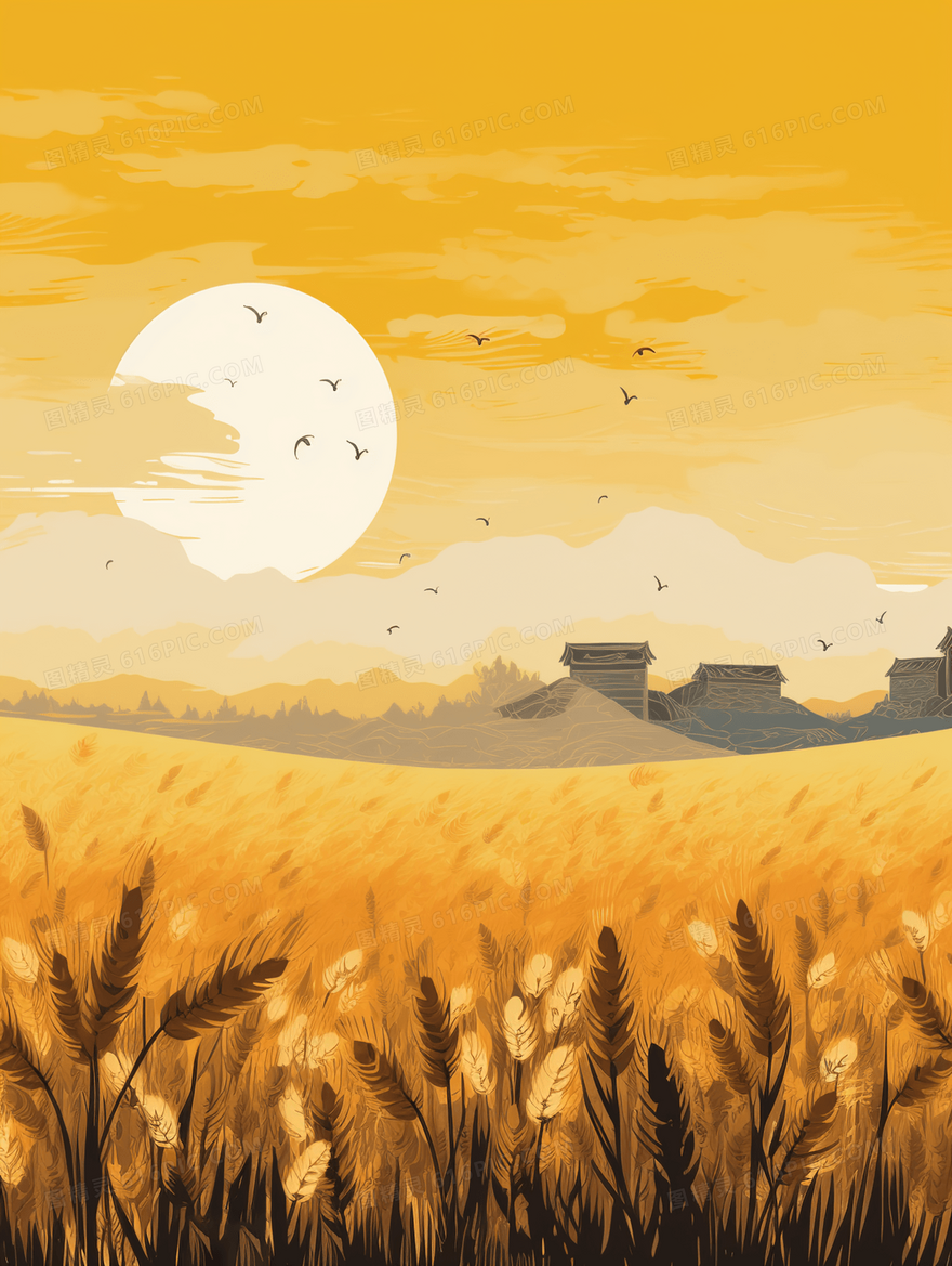 金色小麦丰收的季节芒种节气插画