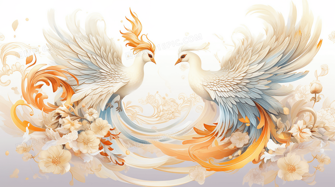 彩色唯美浪漫枝头凤凰卡通插画