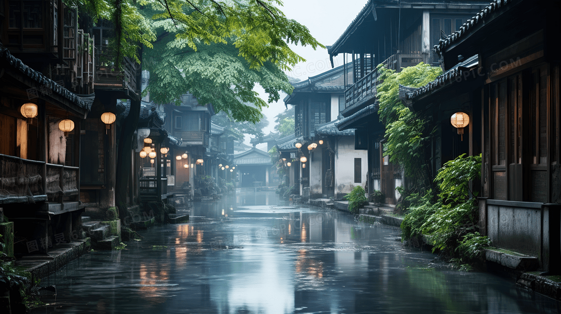 江南古镇下雨天湿漉漉的街道风景图片