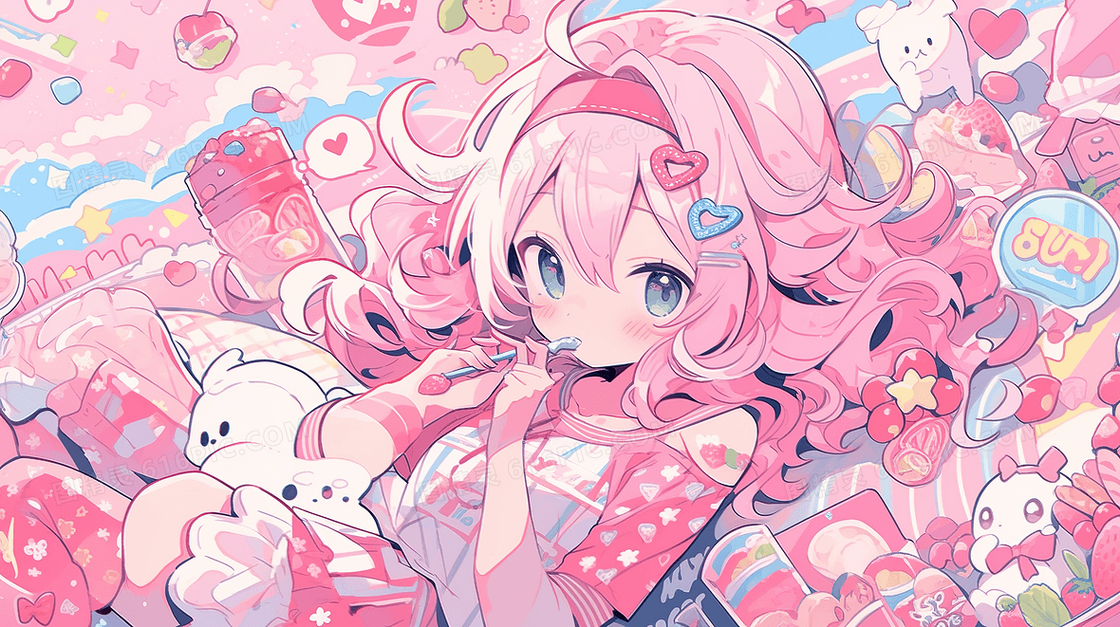 可爱卡通女孩粉色多巴胺穿搭创意插画