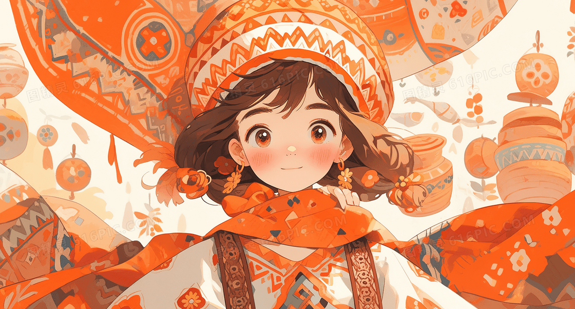 可爱卡通女孩橙色多巴胺穿搭创意插画