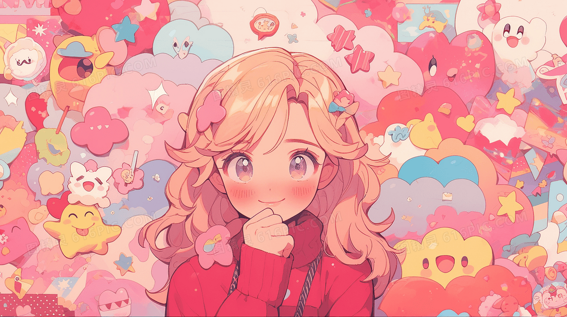 可爱卡通女孩粉色多巴胺穿搭创意插画