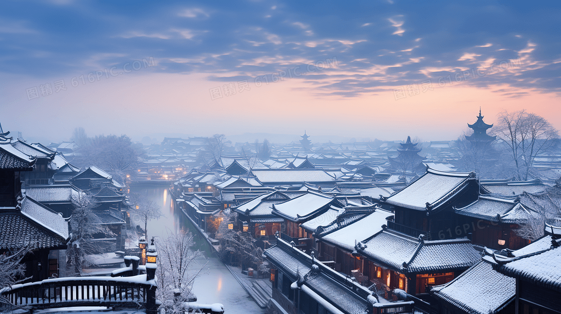 冬天江南古镇下雪风景图片