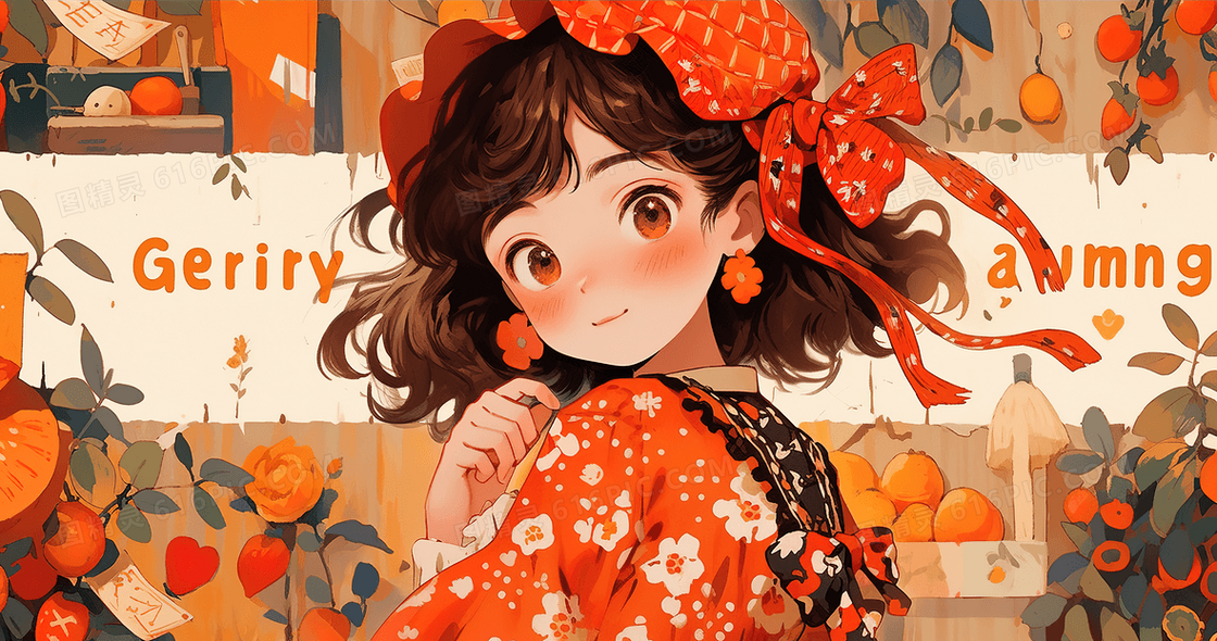 可爱卡通女孩橙色多巴胺穿搭创意插画
