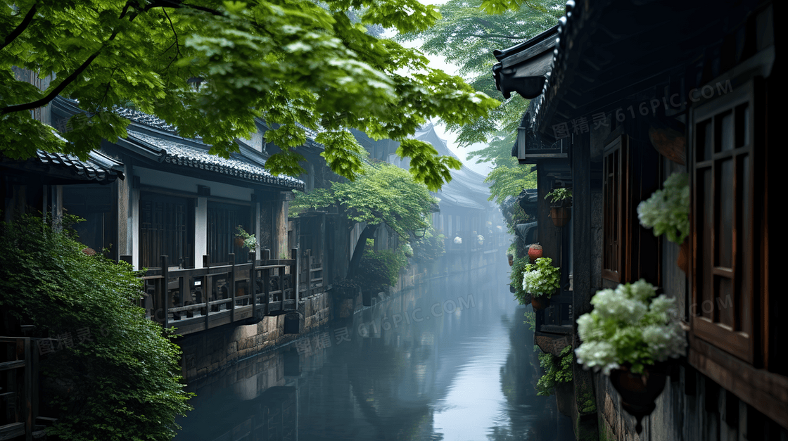 江南古镇下雨天湿漉漉的街道风景图片