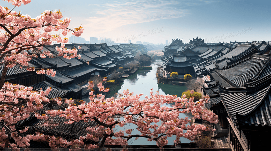 春天江南古镇桃花盛开风景图片