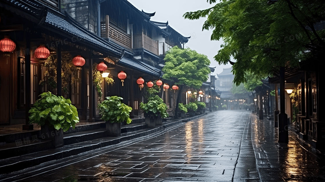 江南古镇下雨天湿漉漉的街道风景图片