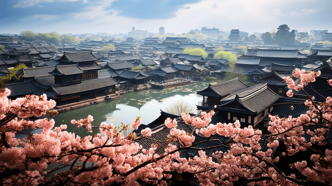 春天江南古镇桃花盛开风景图片