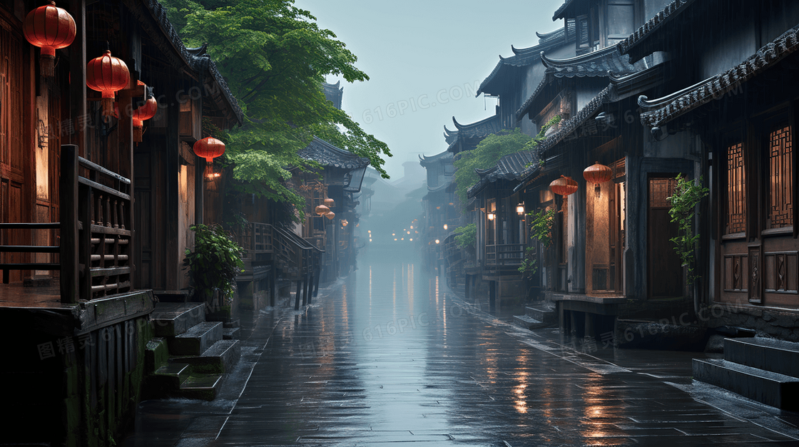 江南古镇下雨天湿漉漉的街道风景图片