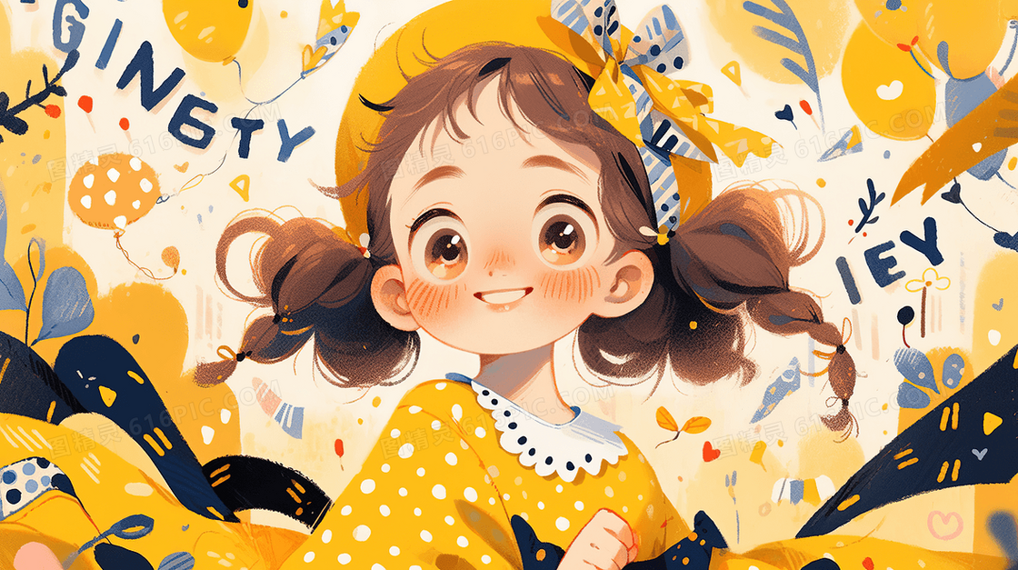 可爱卡通女孩黄色多巴胺穿搭创意插画