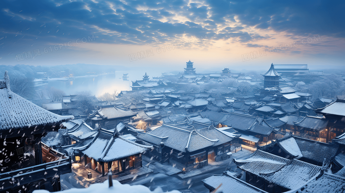 冬天江南古镇下雪风景图片