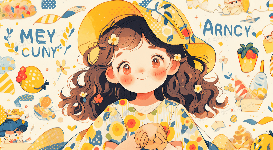 可爱卡通女孩黄色多巴胺穿搭创意插画