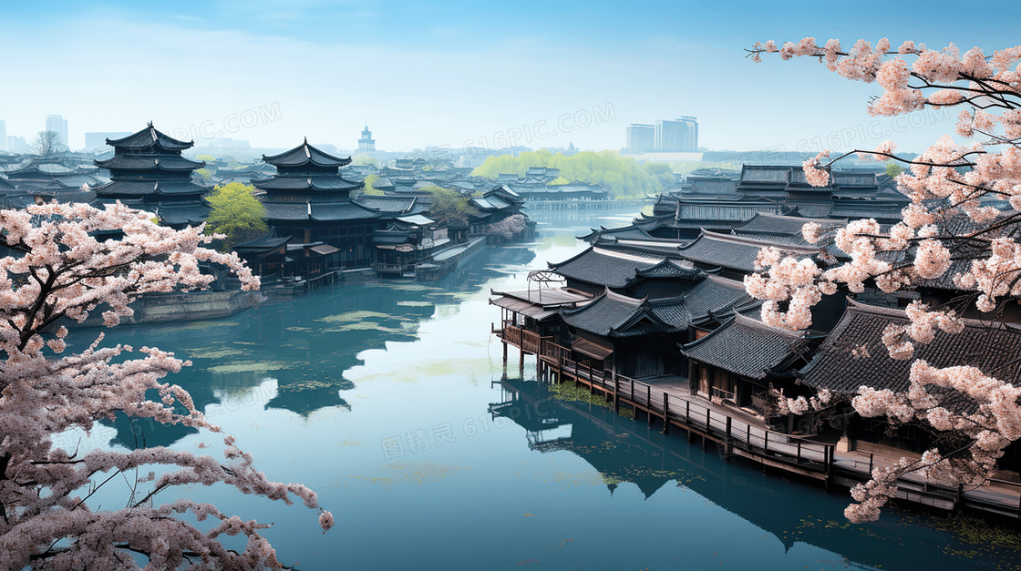 春天江南古镇桃花盛开风景图片