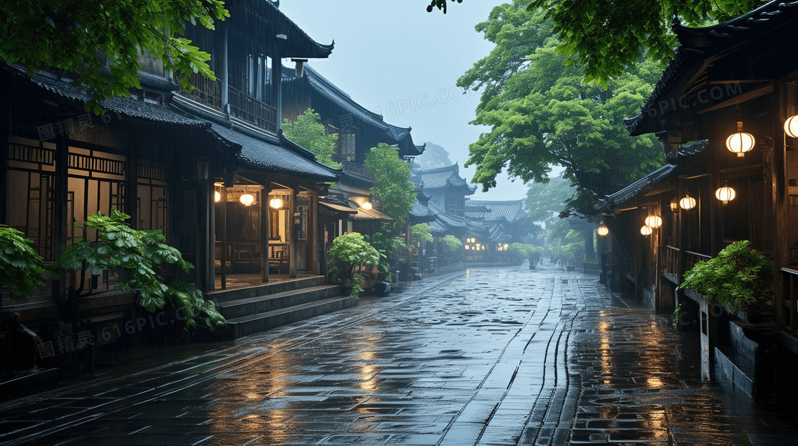 江南古镇下雨天湿漉漉的街道风景图片