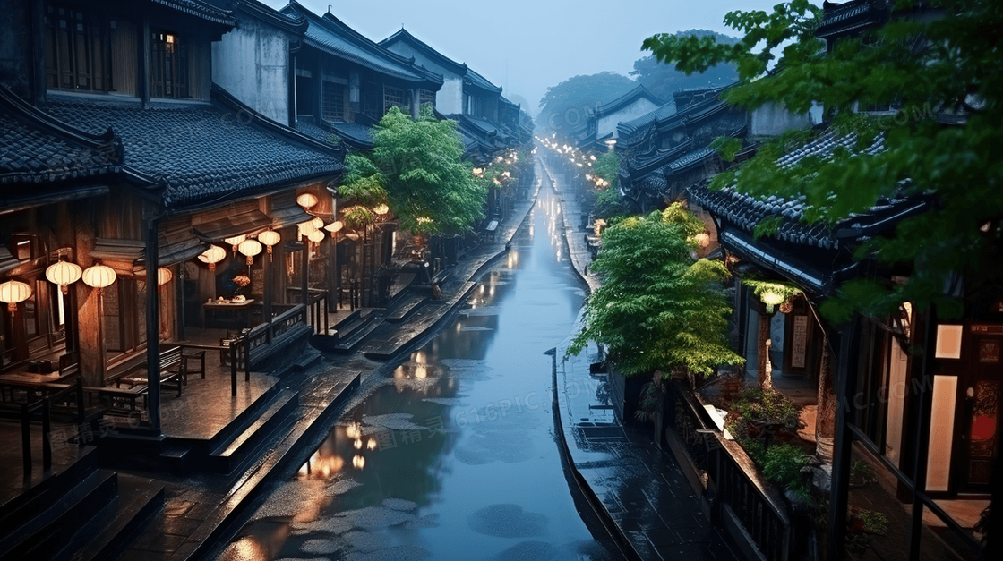 江南古镇下雨天湿漉漉的街道风景图片