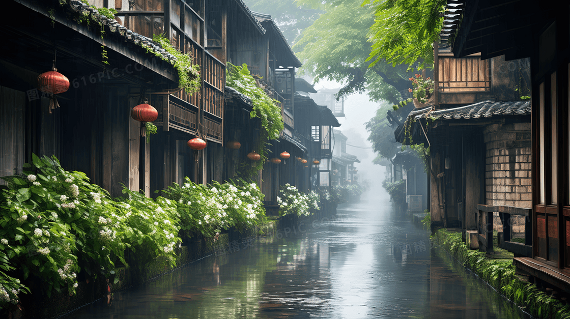 江南古镇下雨天湿漉漉的街道风景图片