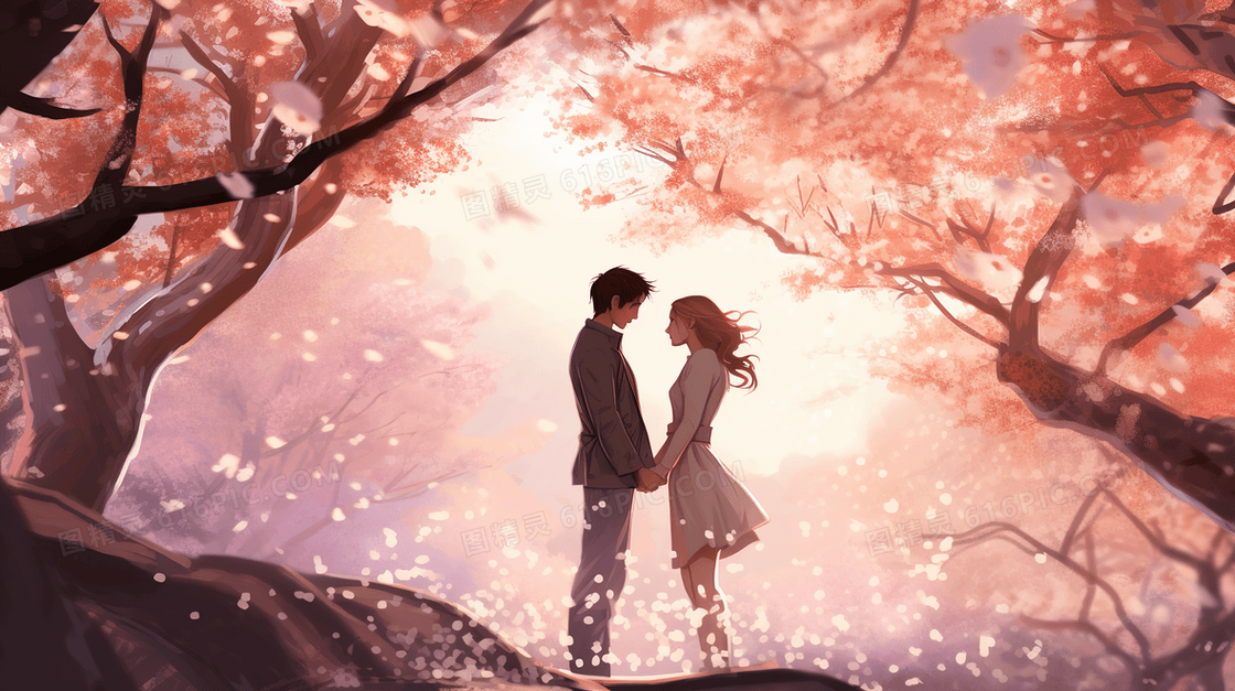 粉色大树浪漫唯美七夕情人节插画
