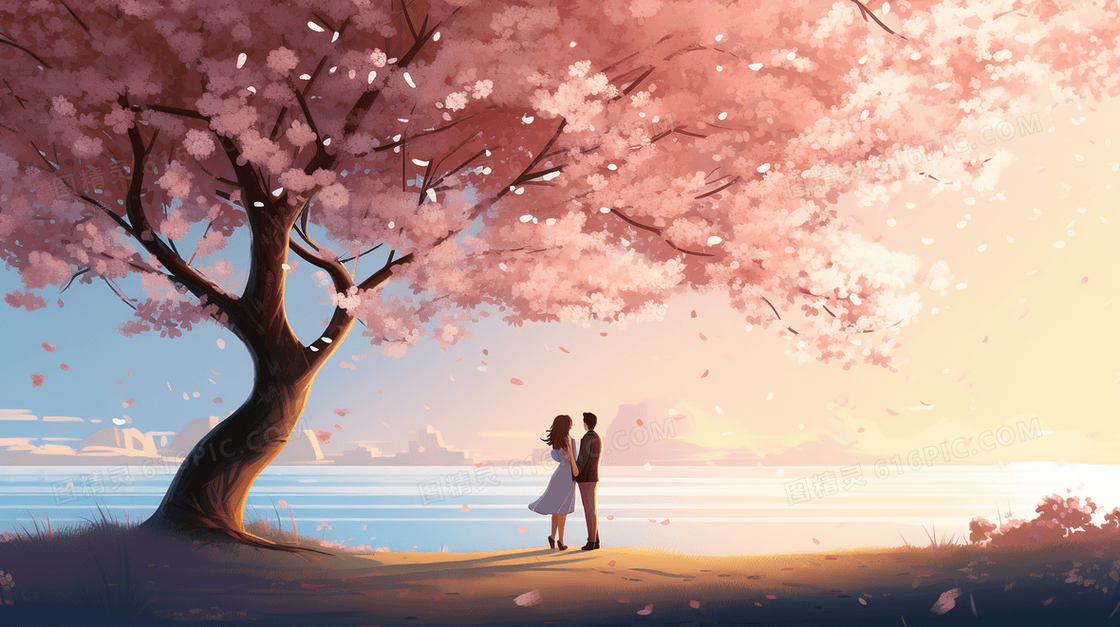 粉色大树浪漫唯美七夕情人节插画