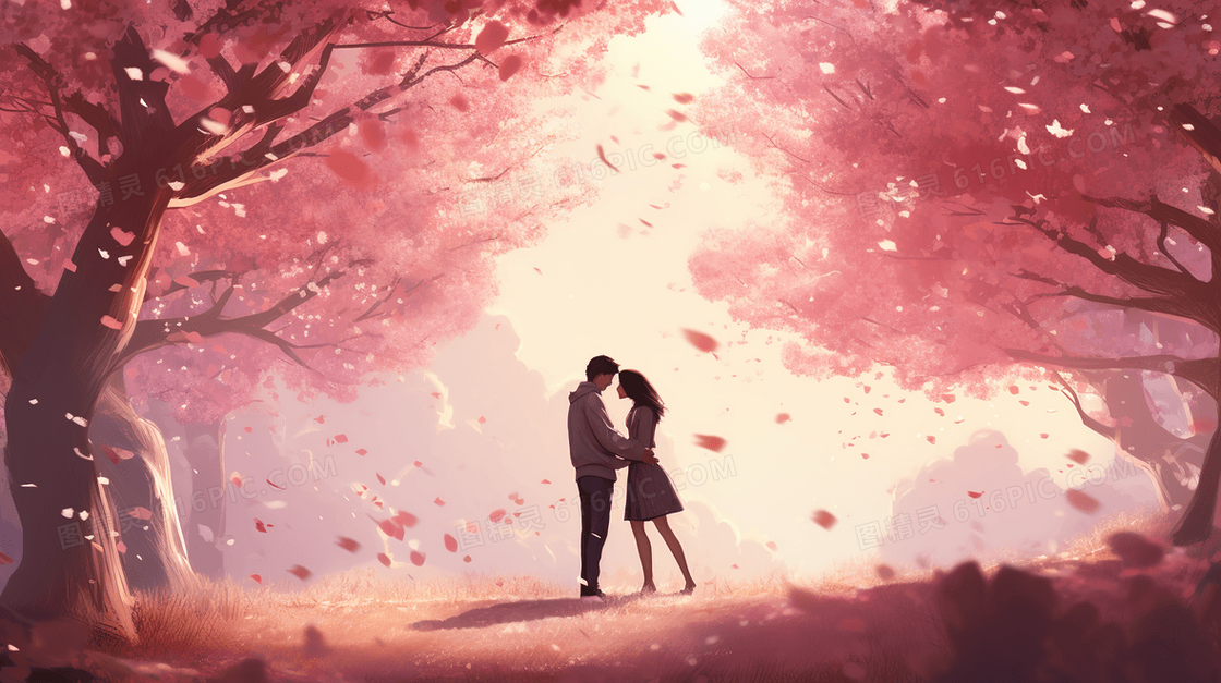 粉色大树浪漫唯美七夕情人节插画