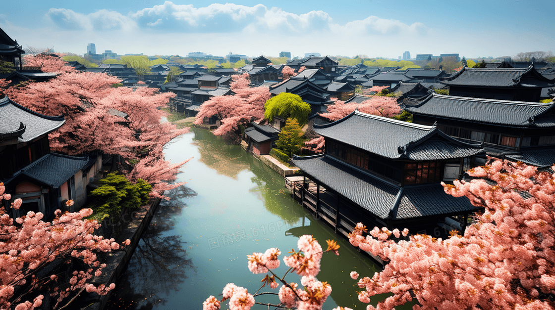 春天江南古镇桃花盛开风景图片